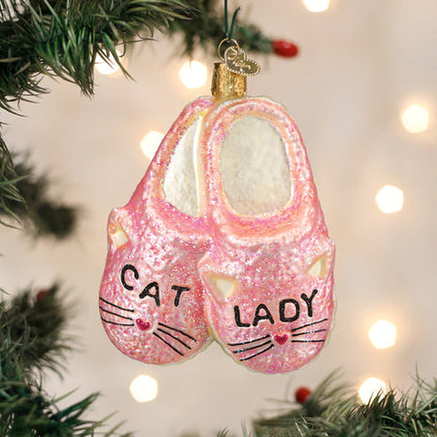 Cat Lady Pink Slippers Glass Ornament