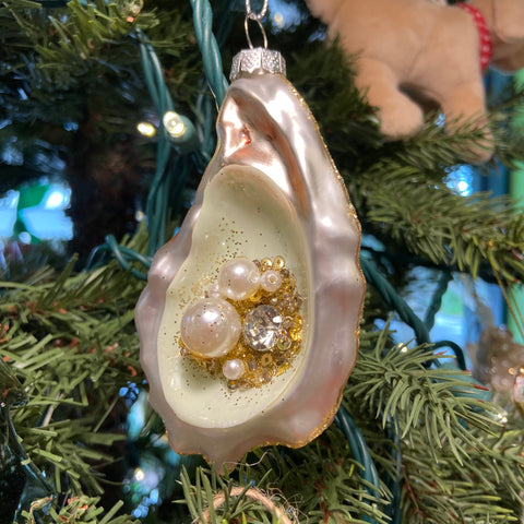 Pearl and Glitter Glass Oyster Ornament